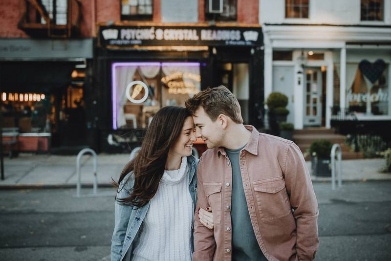 Couple during engagement shoot in the west village of nyc