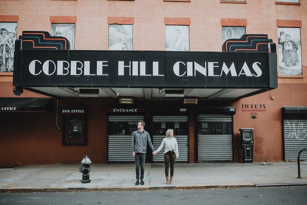 Couple during Fall engagement photoshoot in cobble hill brooklyn