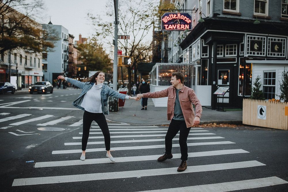 Couple during engagement shoot in the west village of nyc