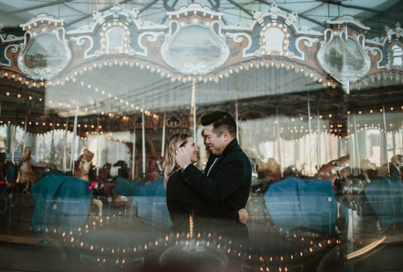 Couple during engagement photoshoot in dumbo brooklyn