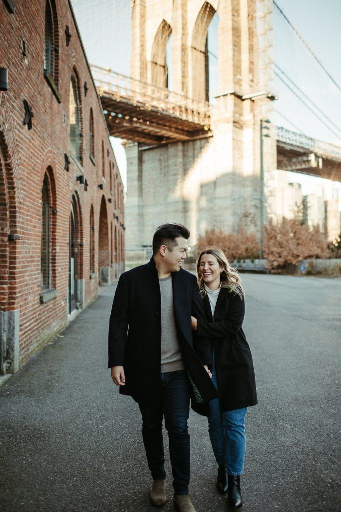 Couple during engagement photoshoot in dumbo brooklyn