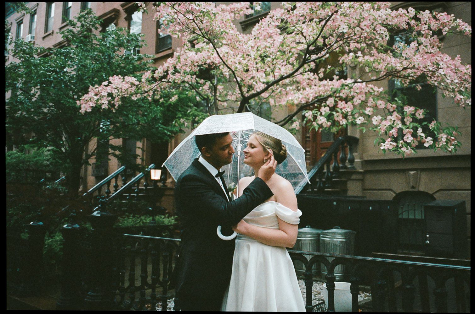 Rainy NYC wedding during cherry blossoms