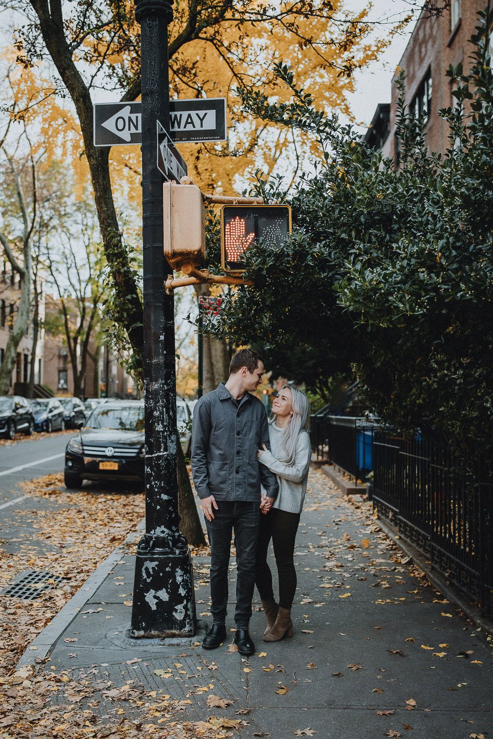 Couple during Fall engagement photoshoot in cobble hill brooklyn