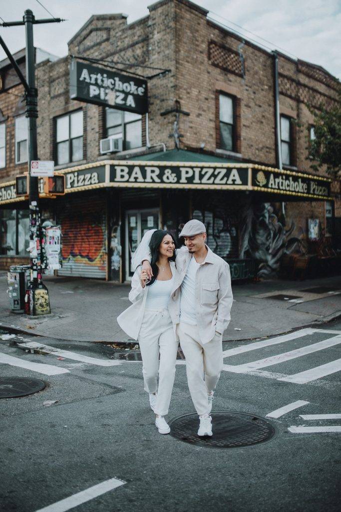 Couple during urban elopement in east williamsburg brooklyn