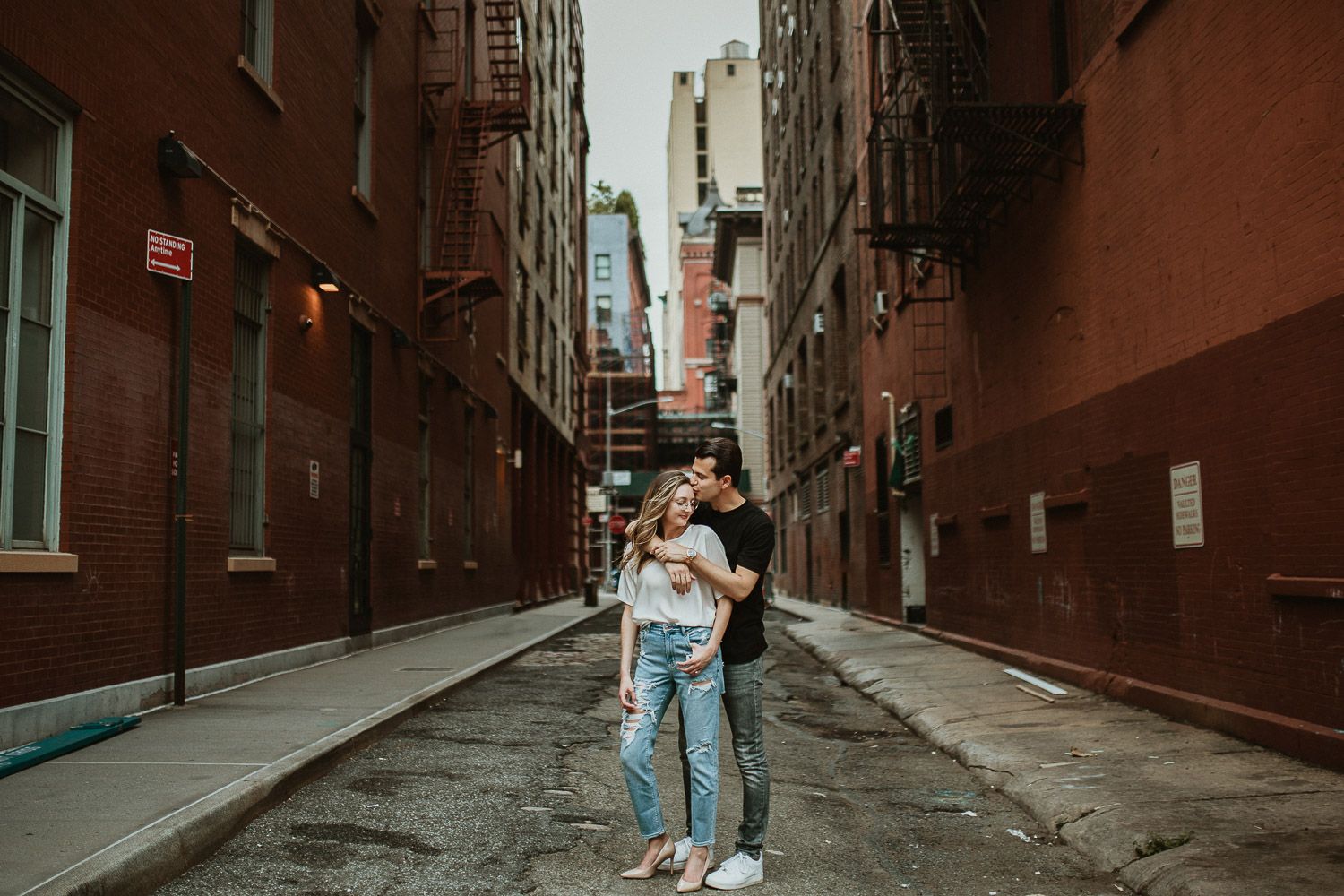 Couple during engagement photo session in tribeca nyc
