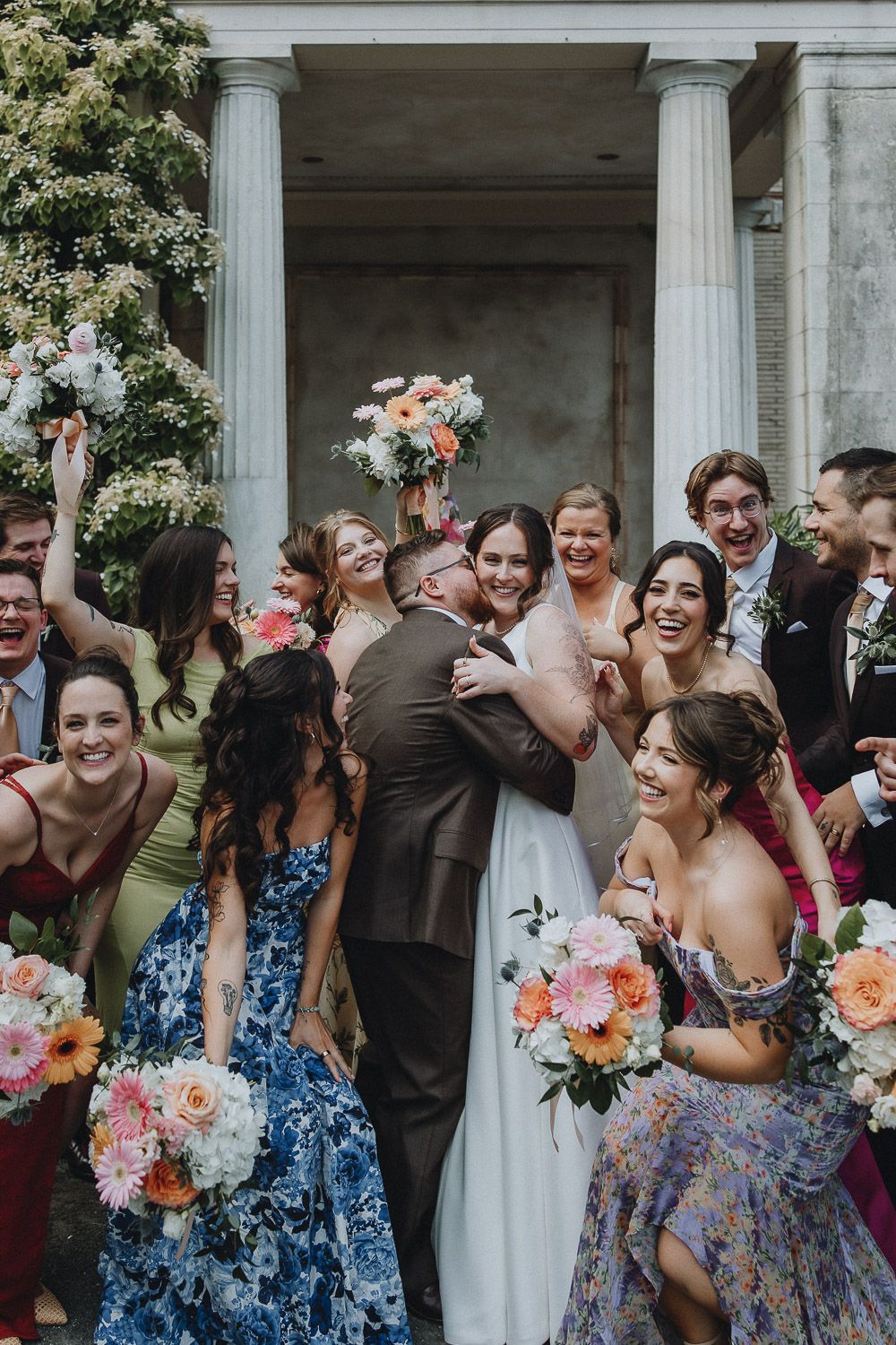 Colorful bridal party at tuscany italy wedding