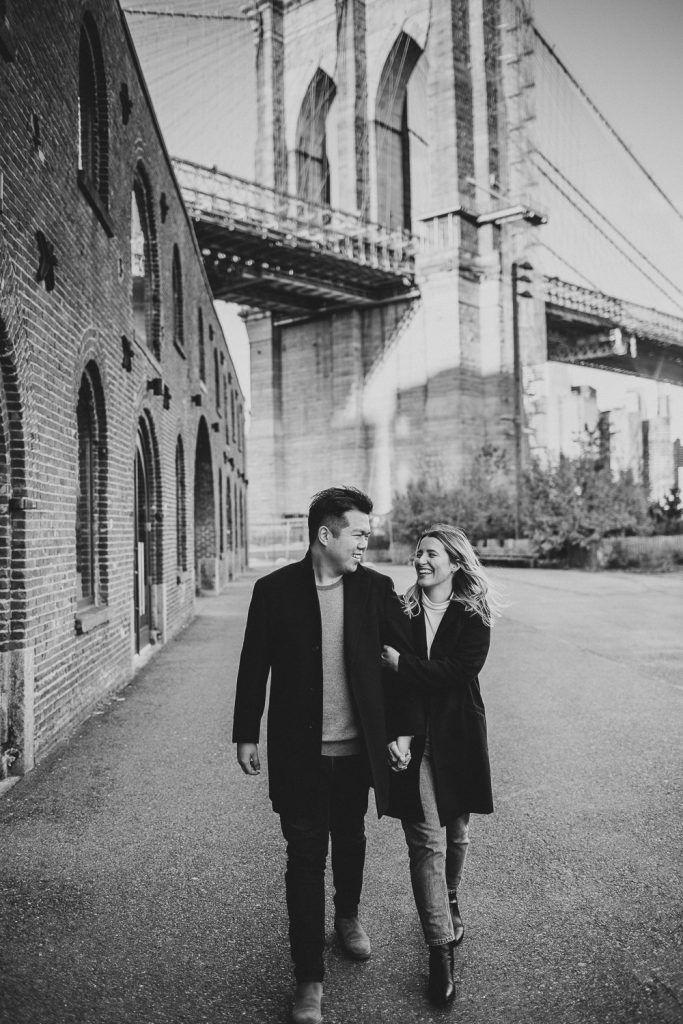 Couple during engagement photoshoot in dumbo brooklyn