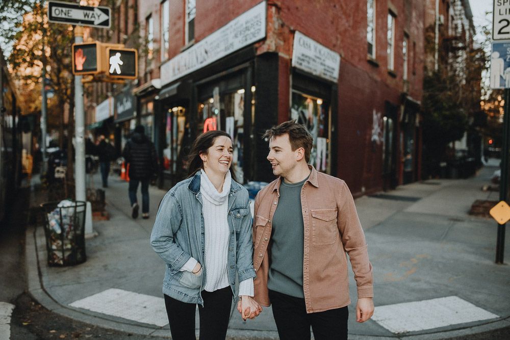 Couple during engagement shoot in the west village of nyc