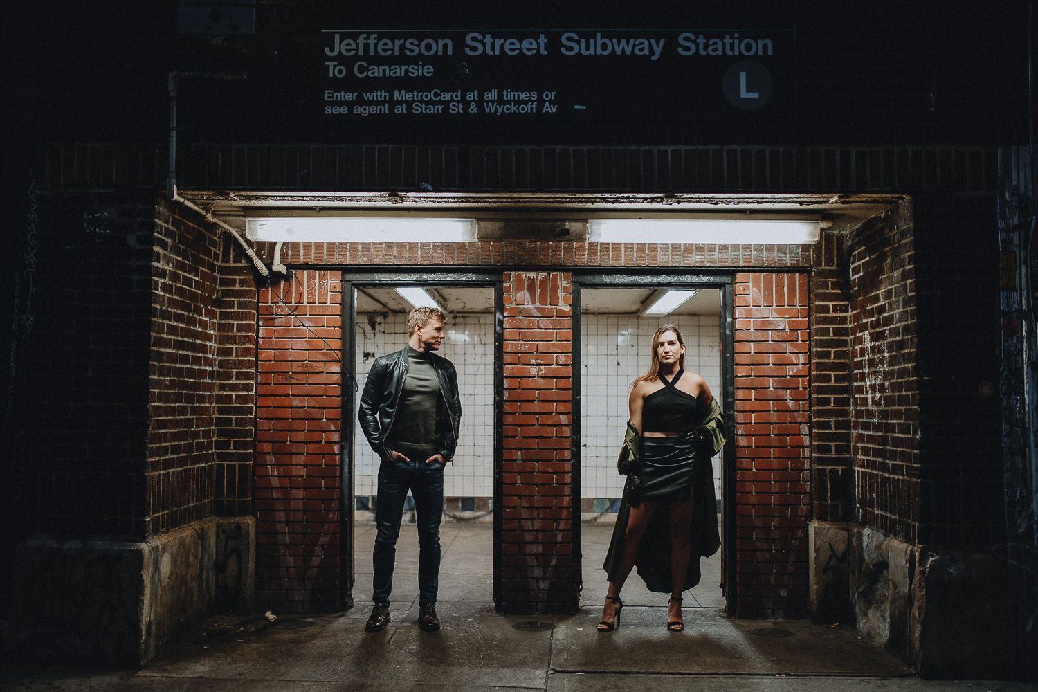 Couple at night during grungy photoshoot in bushwick