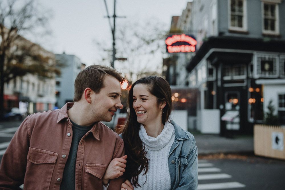 Couple during engagement shoot in the west village of nyc