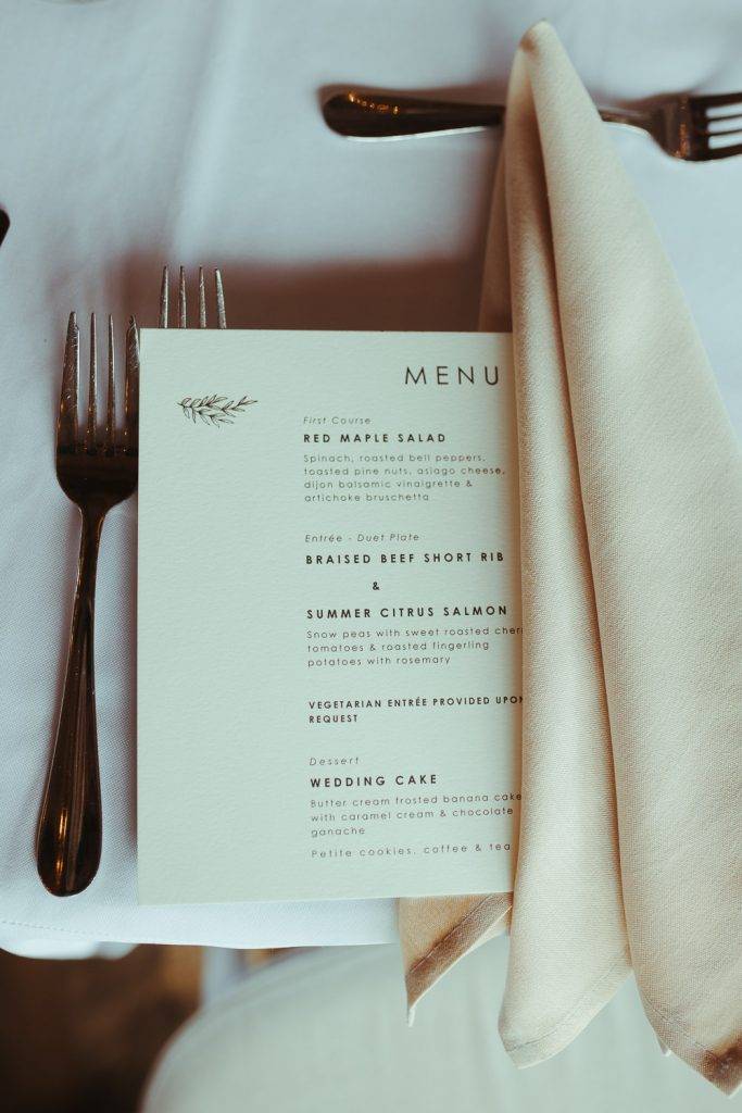 Menu at red maple vineyard wedding reception