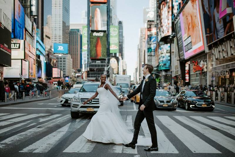 Interracial bride and groom at nyc wedding in time square