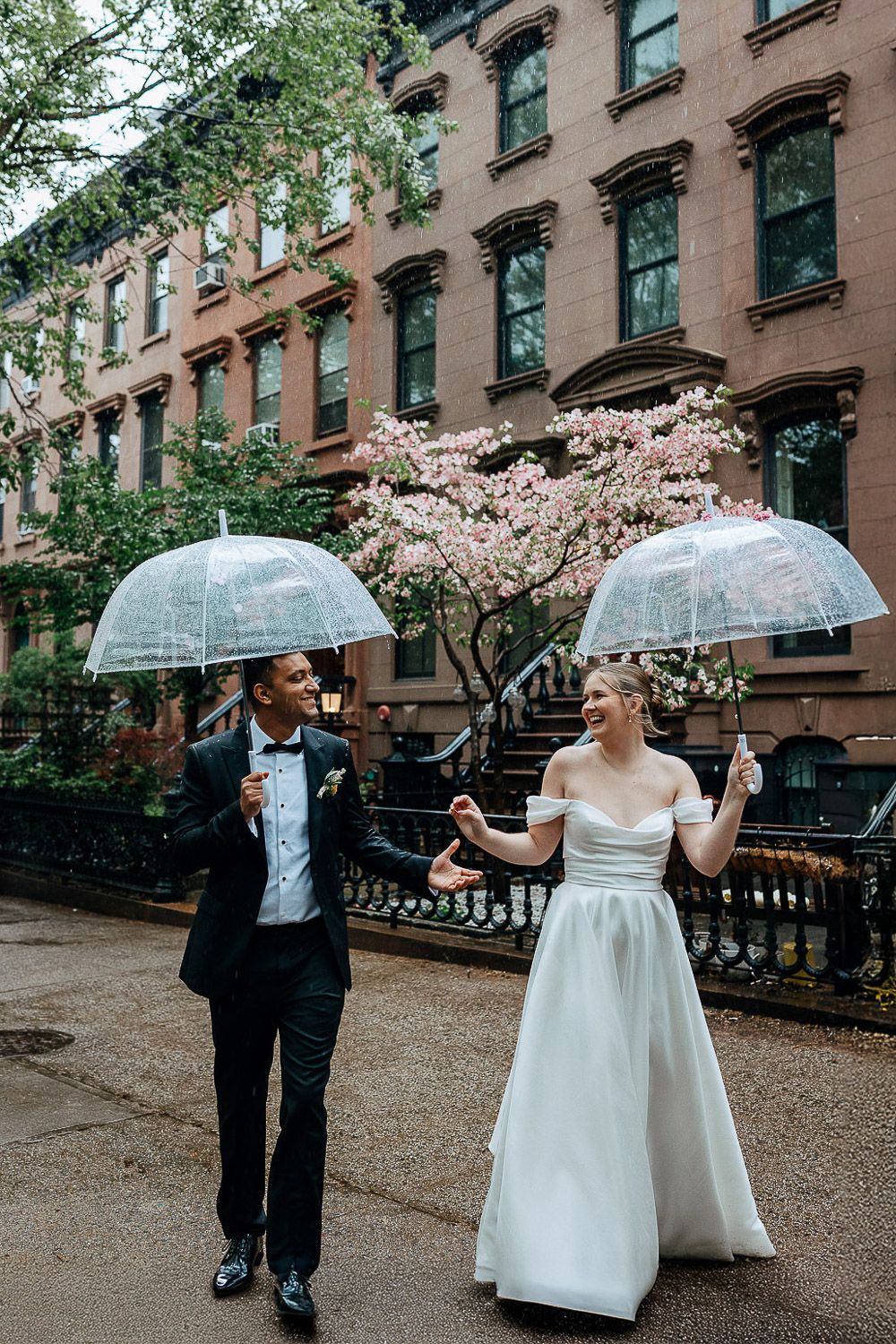 Rainy NYC wedding during cherry blossoms