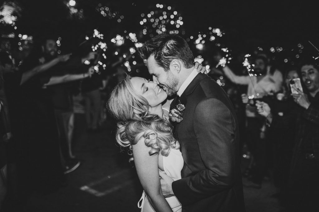 Bride and groom during sparklers exit at los angeles wedding