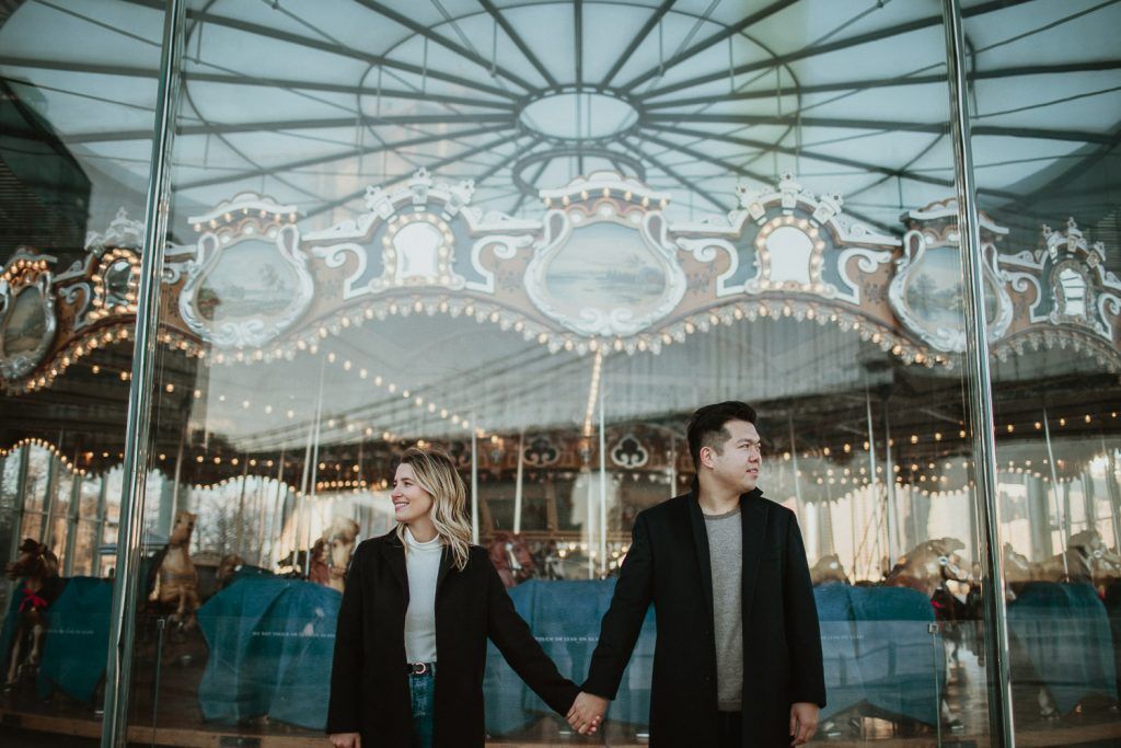 Couple during engagement photoshoot in dumbo brooklyn
