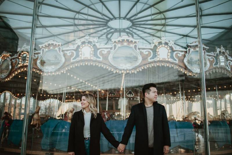 Couple during engagement photoshoot in dumbo brooklyn