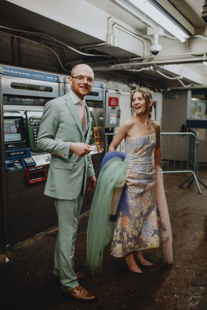 Bride and groom in nyc subway - by Lucie B. Photo brooklyn wedding photographer