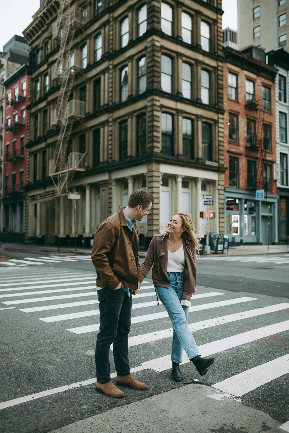 Couple during engagement session in tribeca nyc