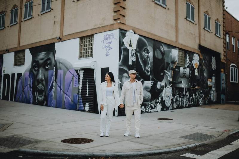 Couple during urban elopement in east williamsburg brooklyn