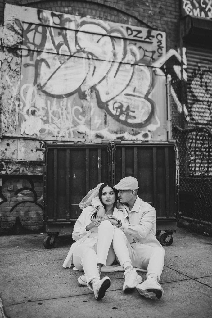 Couple during urban elopement in east williamsburg brooklyn