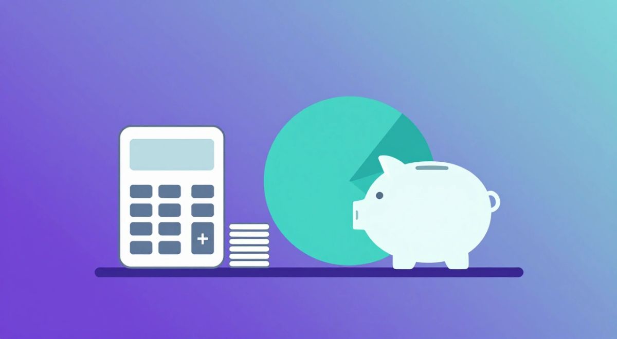 Illustration of a calculator, a stack of coins, a pie chart, and a piggy bank, representing self-employment tax, deductions, and setting money aside