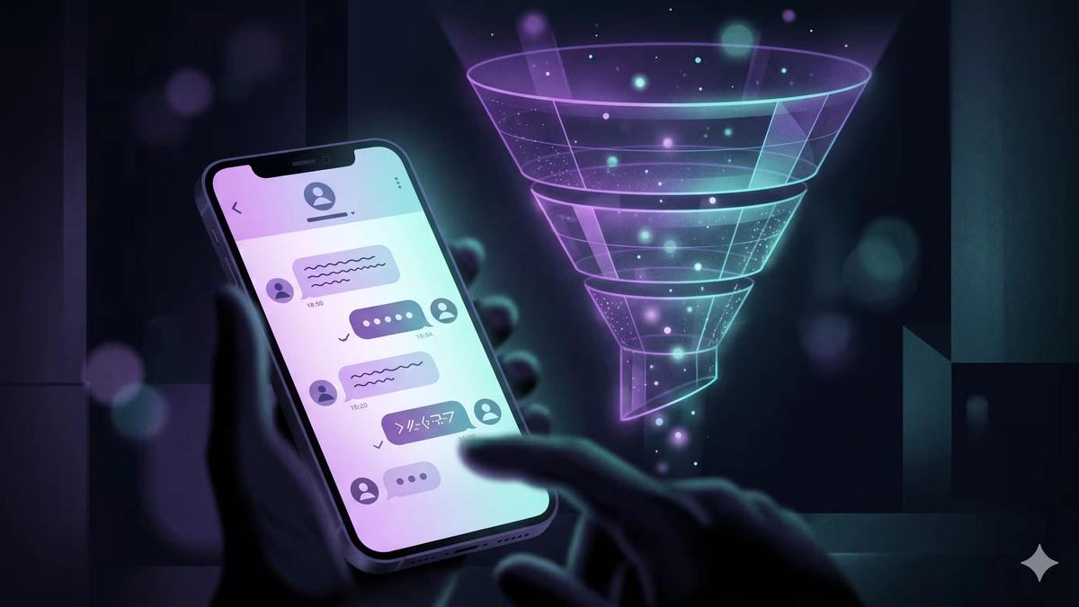 Editorial illustration of DM strategy funnel for AI creators