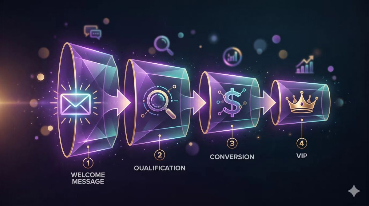 Editorial illustration of the 4-stage DM funnel from welcome to VIP conversion