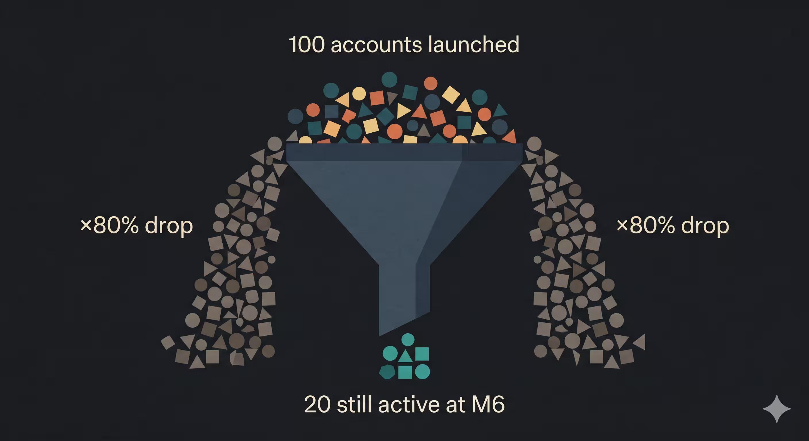 Editorial illustration showing the gap between AI creator accounts that succeed and those that fail by month 6