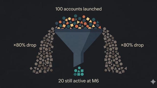 Editorial illustration showing the gap between AI creator accounts that succeed and those that fail by month 6