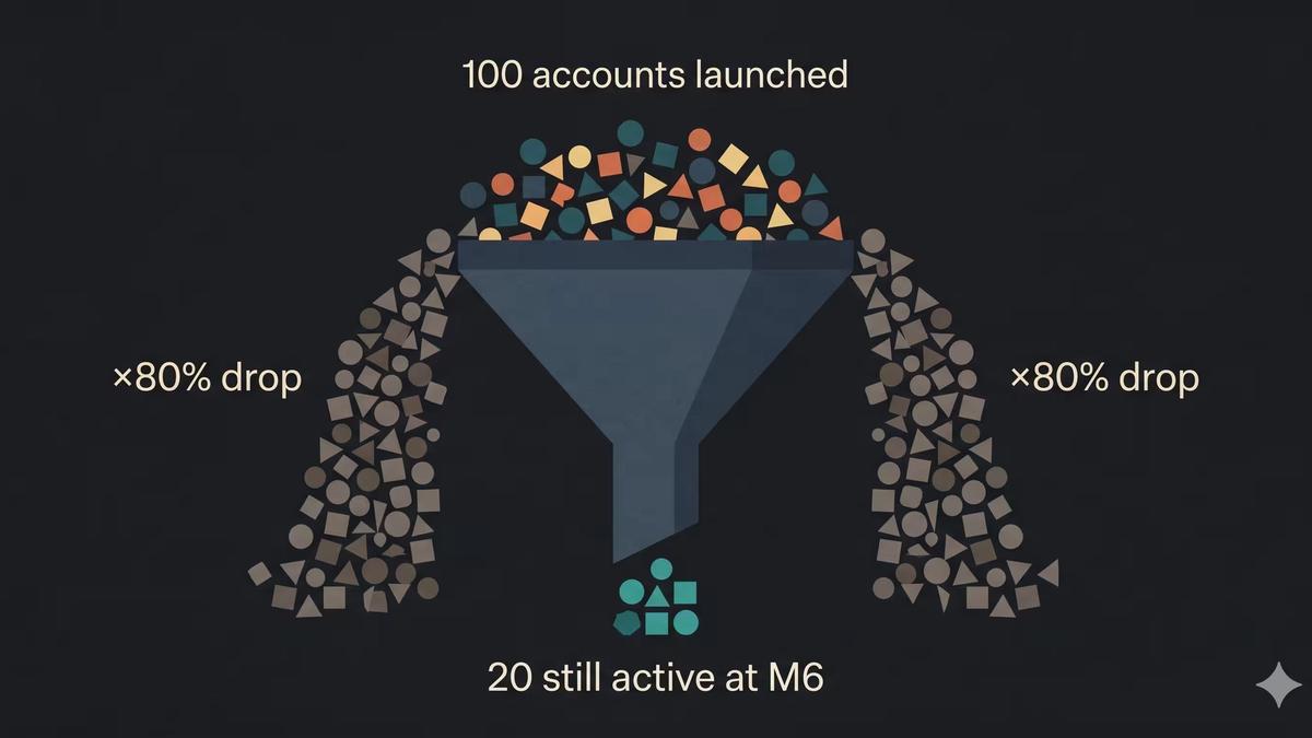Editorial illustration showing the gap between AI creator accounts that succeed and those that fail by month 6