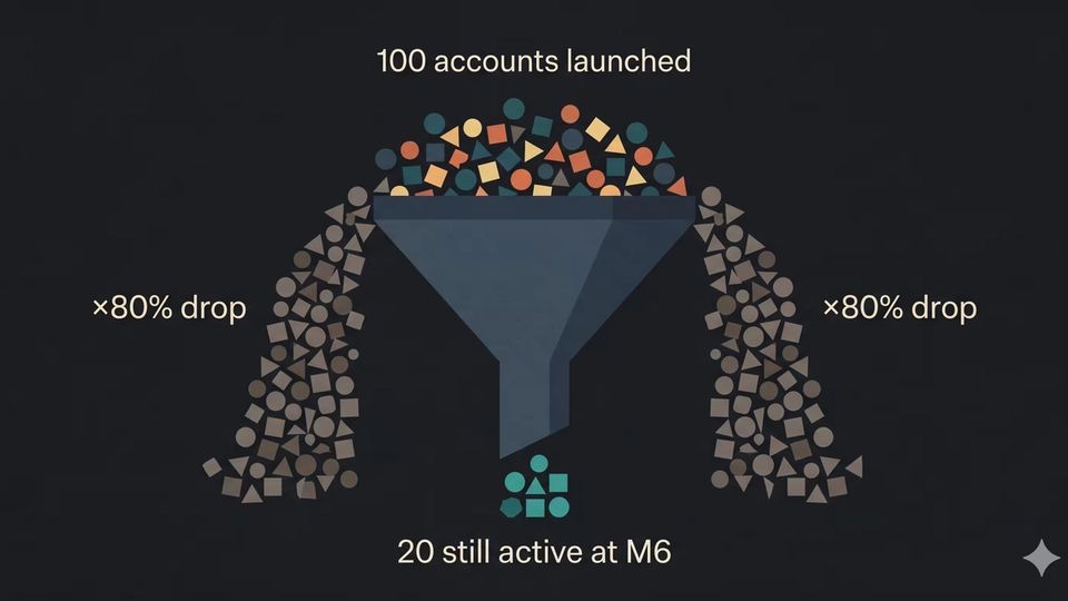 Editorial illustration showing the gap between AI creator accounts that succeed and those that fail by month 6