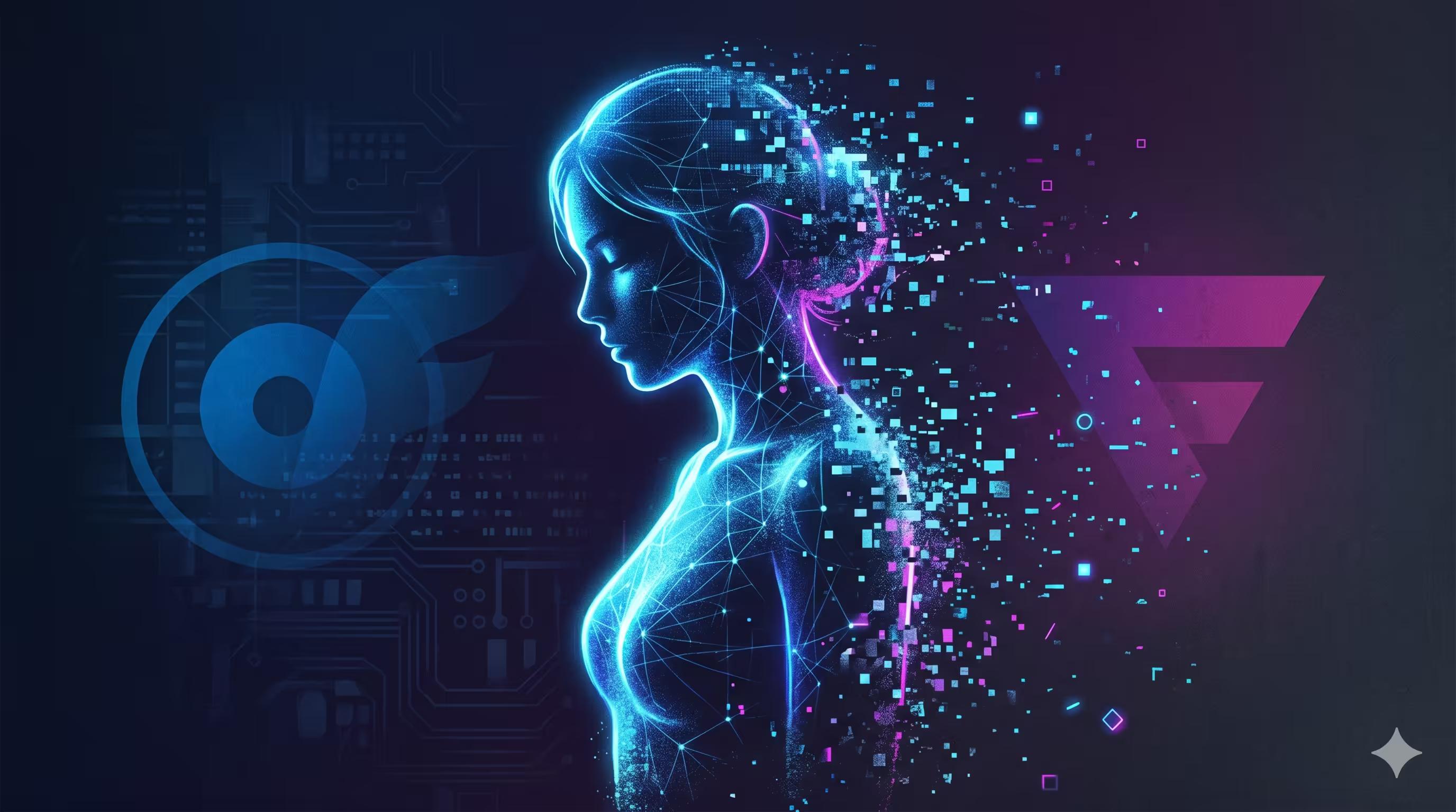 Stylized AI avatar on a dark background with OnlyFans and Fanvue interface elements