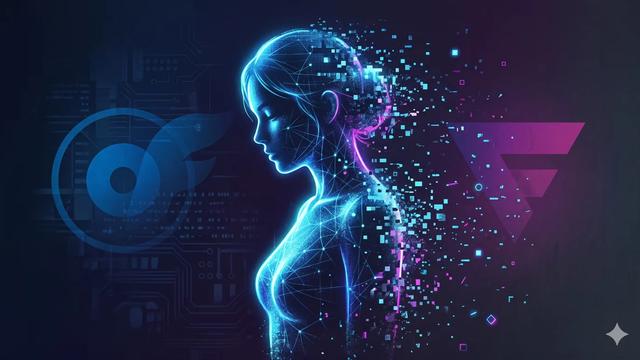 Avatar IA stylisé sur fond sombre avec éléments d'interface OnlyFans et Fanvue