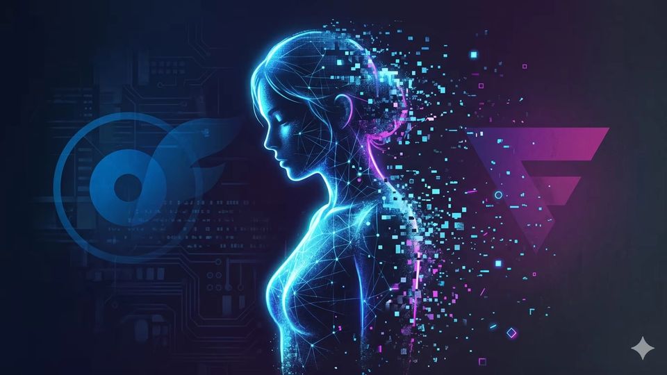 Stylized AI avatar on a dark background with OnlyFans and Fanvue interface elements