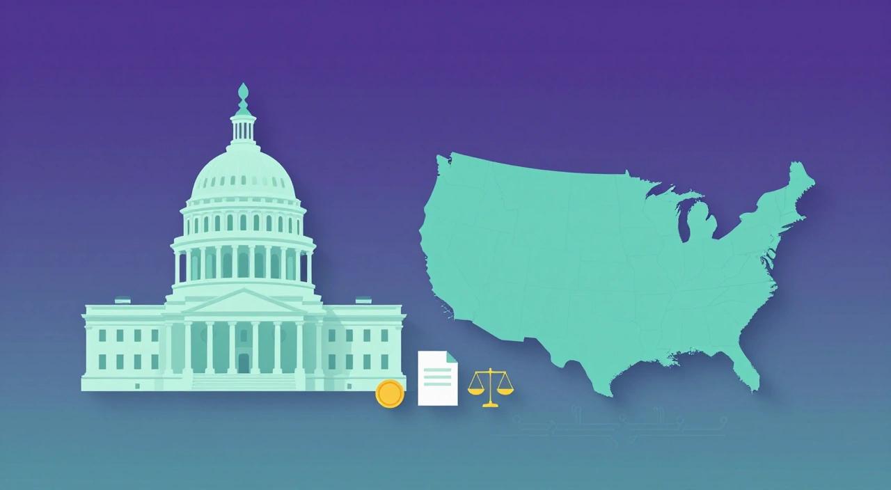 Illustration of the US Capitol, a map of the United States, scales of justice and a coin, representing the legal and tax framework for AI creators