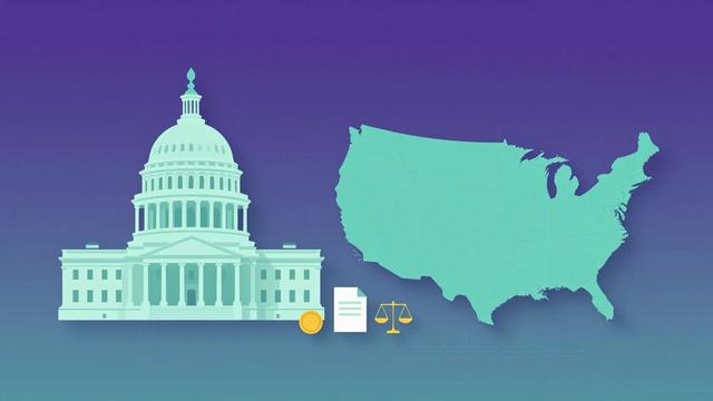 Illustration of the US Capitol, a map of the United States, scales of justice and a coin, representing the legal and tax framework for AI creators