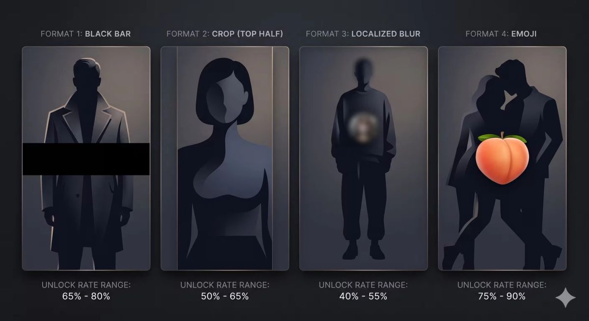 Editorial illustration of the four censored preview formats for AI creators