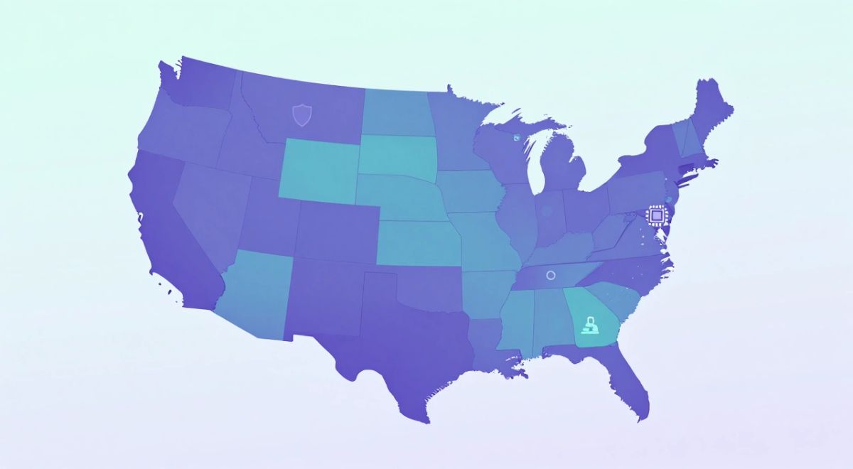 Stylized map of the United States split by state, illustrating the patchwork of AI, privacy, and age-verification laws that varies from state to state