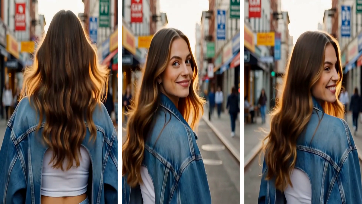 Three-panel sequence of a woman in a denim jacket walking and turning on a city street.