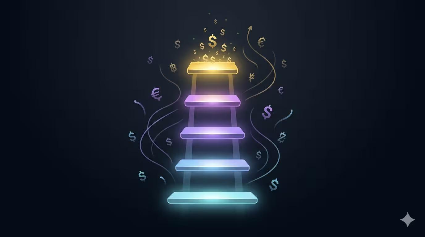 Editorial illustration of AI creator pricing strategy and revenue tiers