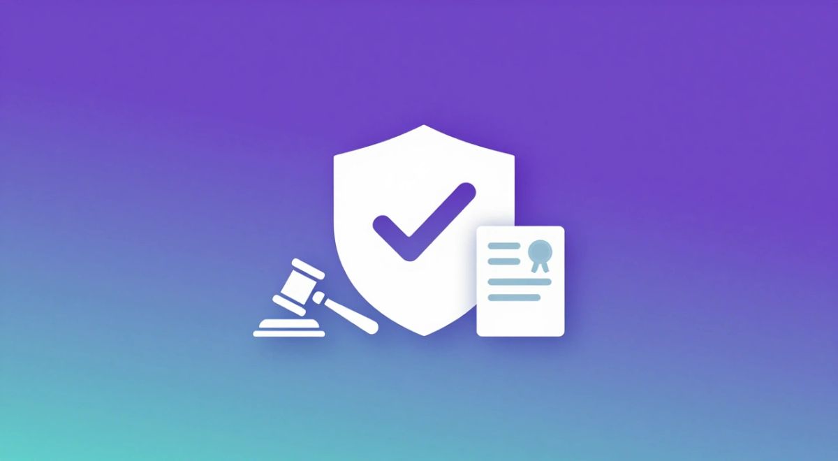 Illustration of a legal shield with a checkmark next to a gavel and a sealed certificate, representing content compliance for AI creators in the US