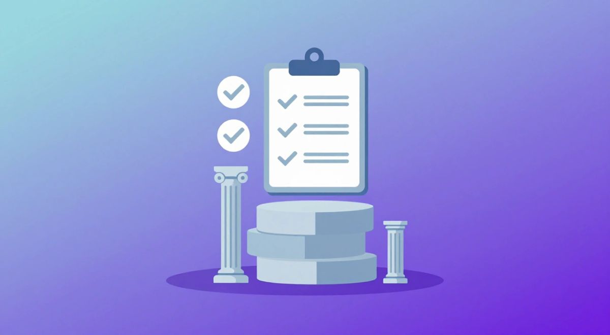 Illustration of building blocks, classical pillars, and a checklist representing a solid legal and tax foundation for an AI creator business