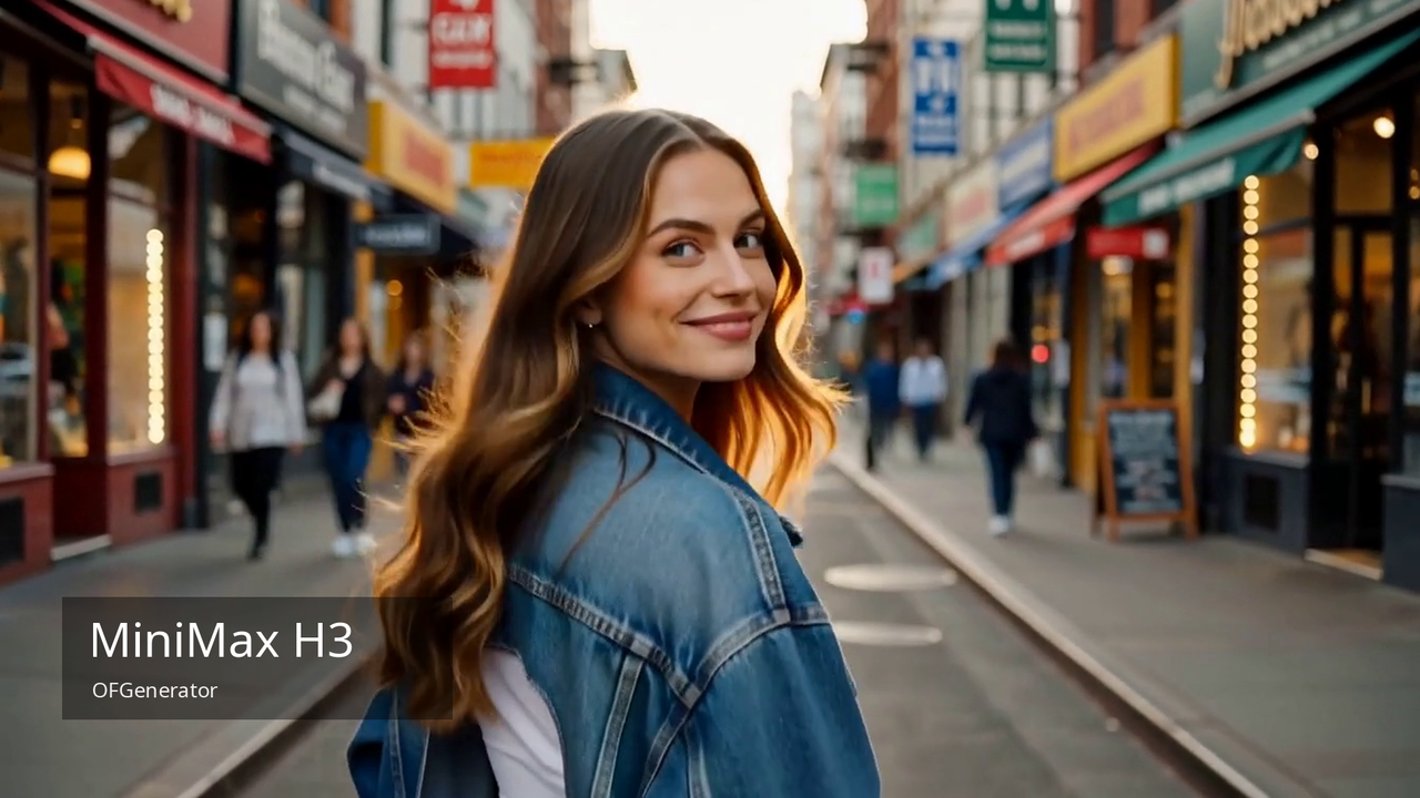 Woman in a denim jacket turning toward the camera on a city street, with a subtle MiniMax H3 and OFGenerator label.