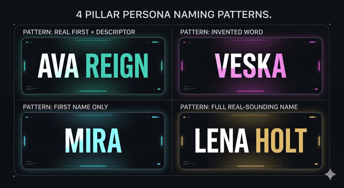Illustration éditoriale des quatre patterns de naming pour personas de créateurs IA