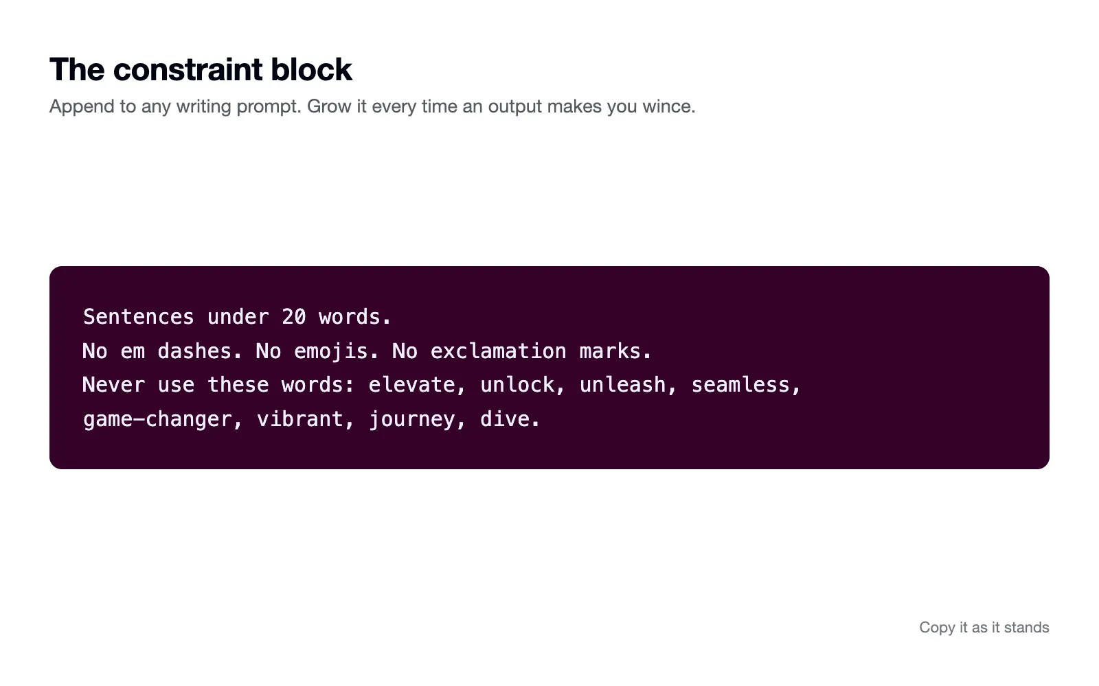 The constraint block text on a dark card, ready to copy.