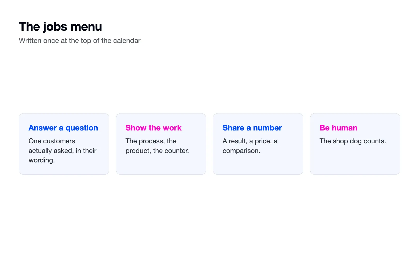 Four cards: answer a question, show the work, share a number, be human.