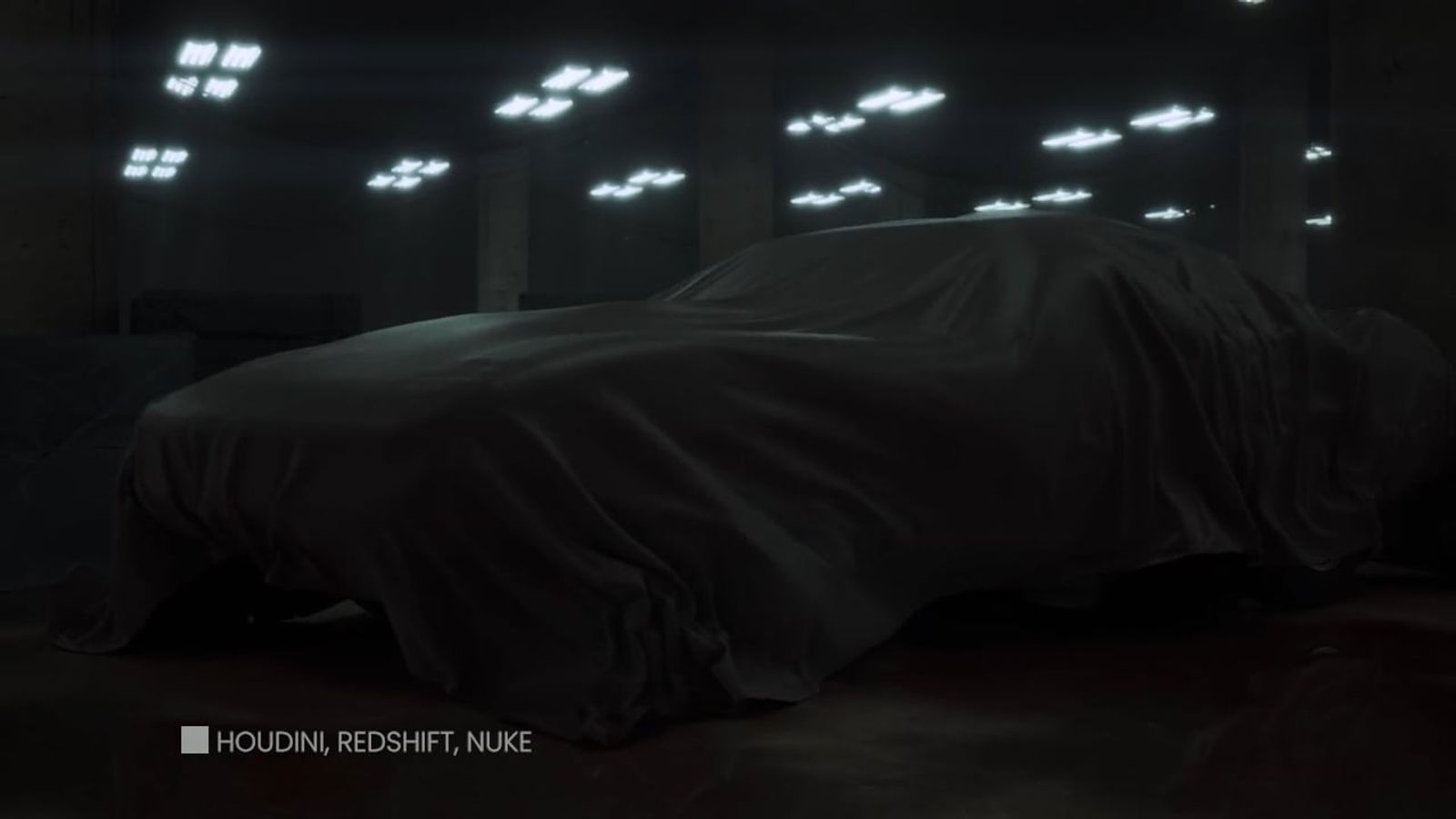 Still from Reel 2023, a covered car under rows of overhead lights.