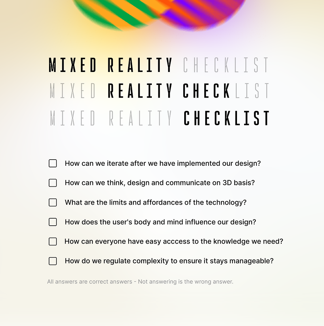 Mixed Reality Checklist with six questions for design teams