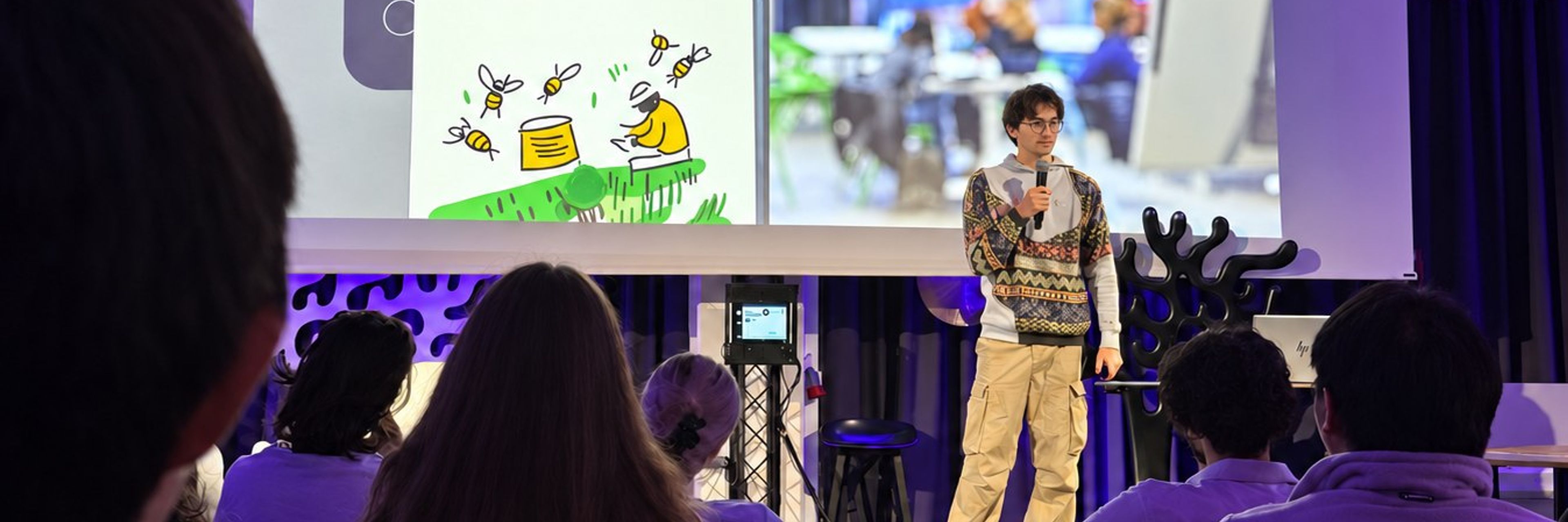Pitching the Aalto Global Impact concept on stage