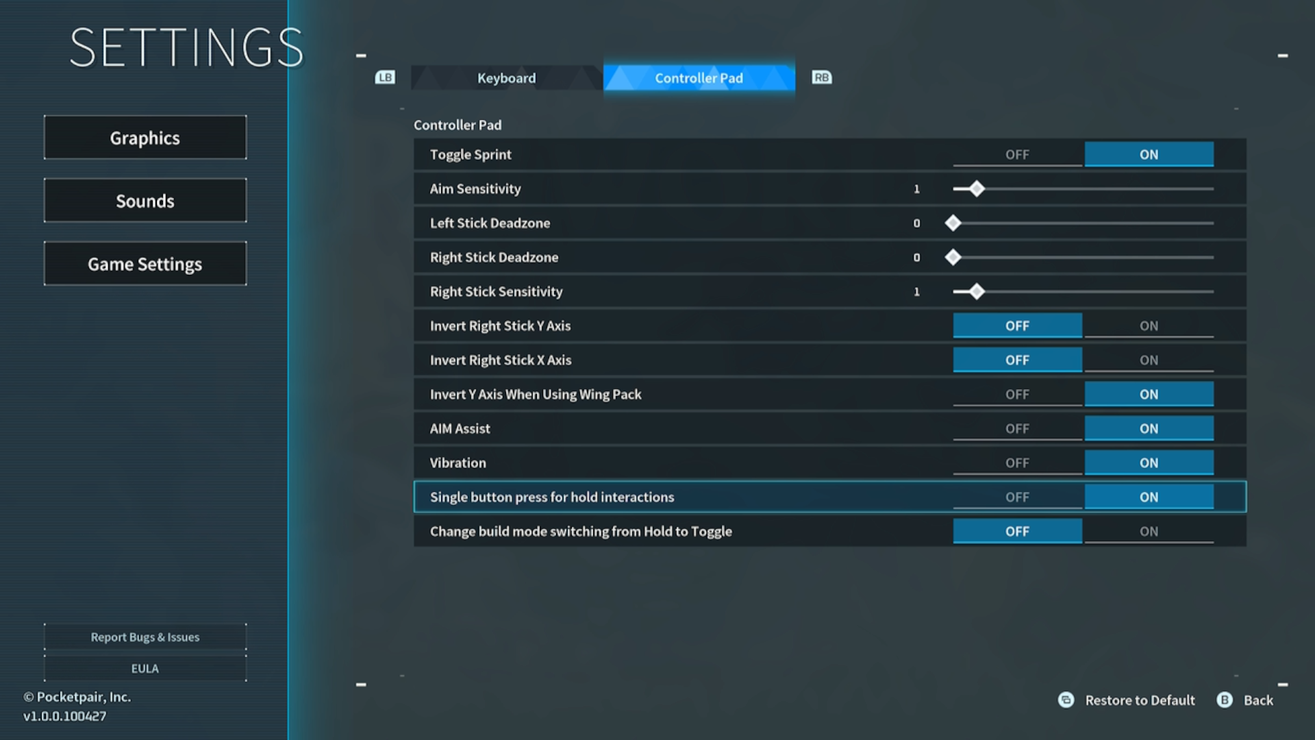 Palworld 1.0 - Single button toggle